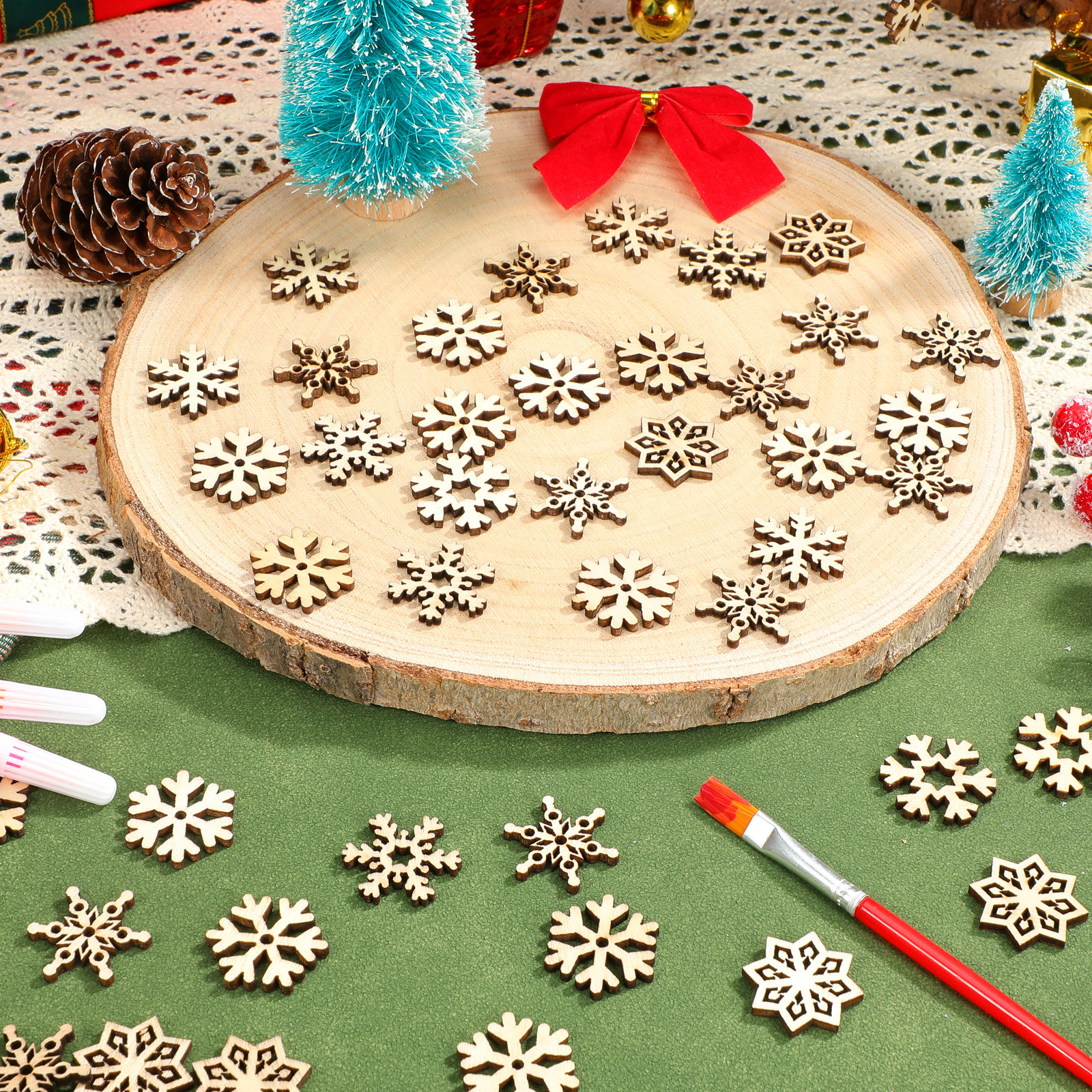 Christmas Craft Embellishment - 100Pcs Wooden Snowflakes Ornaments Christmas Wood